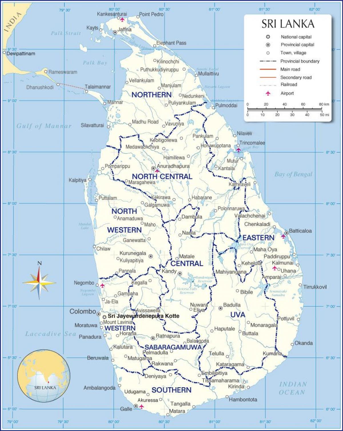 mapa dos aeroportos internacionais no Sri Lanka