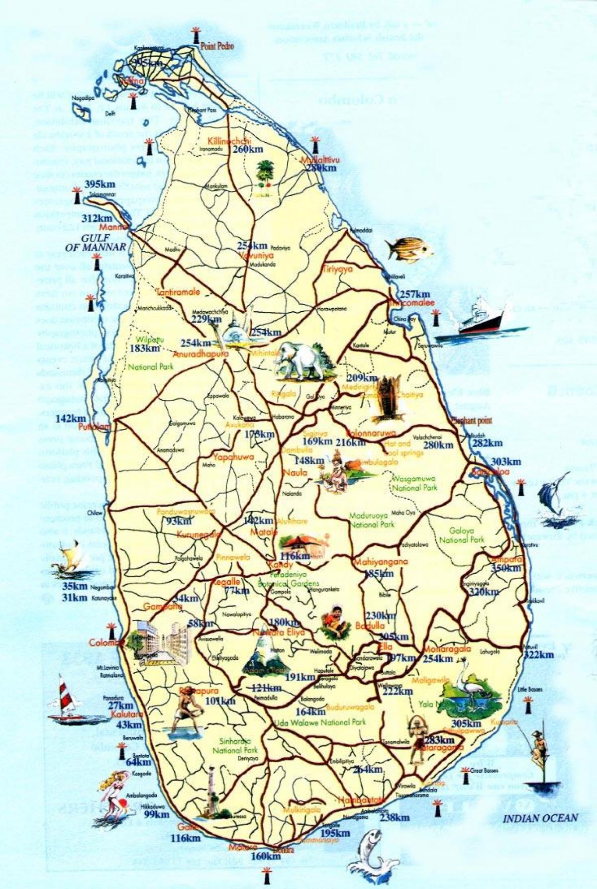 mapa turístico do Sri Lanka, com cidades