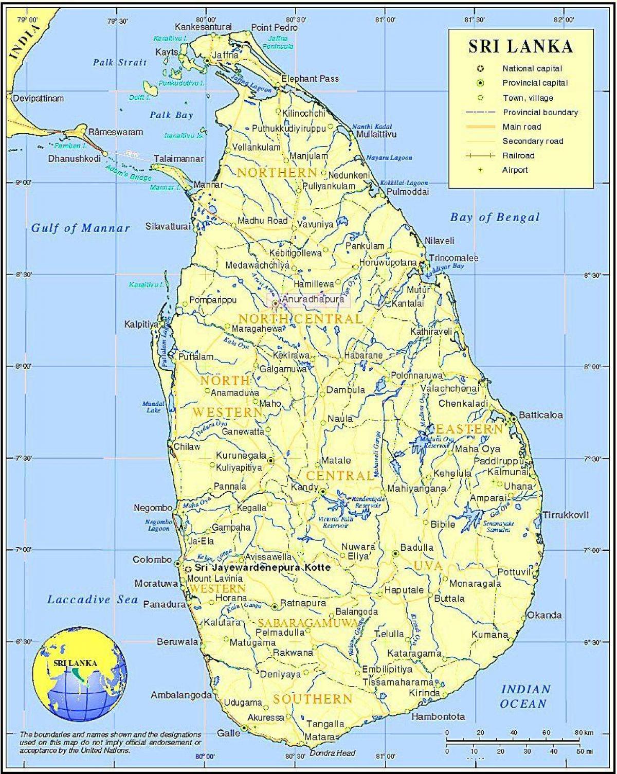 mapa de lagos, no Sri Lanka