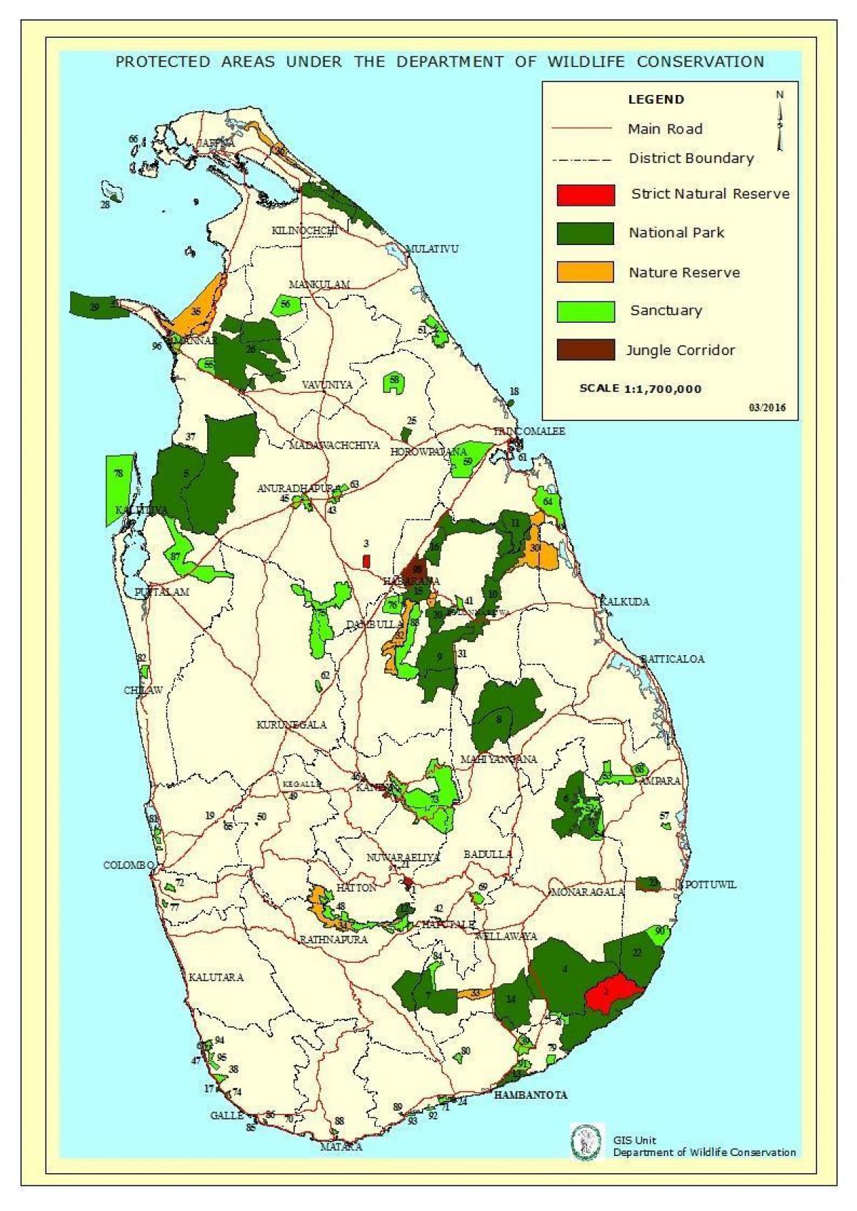 mapa de parques nacionais no Sri Lanka