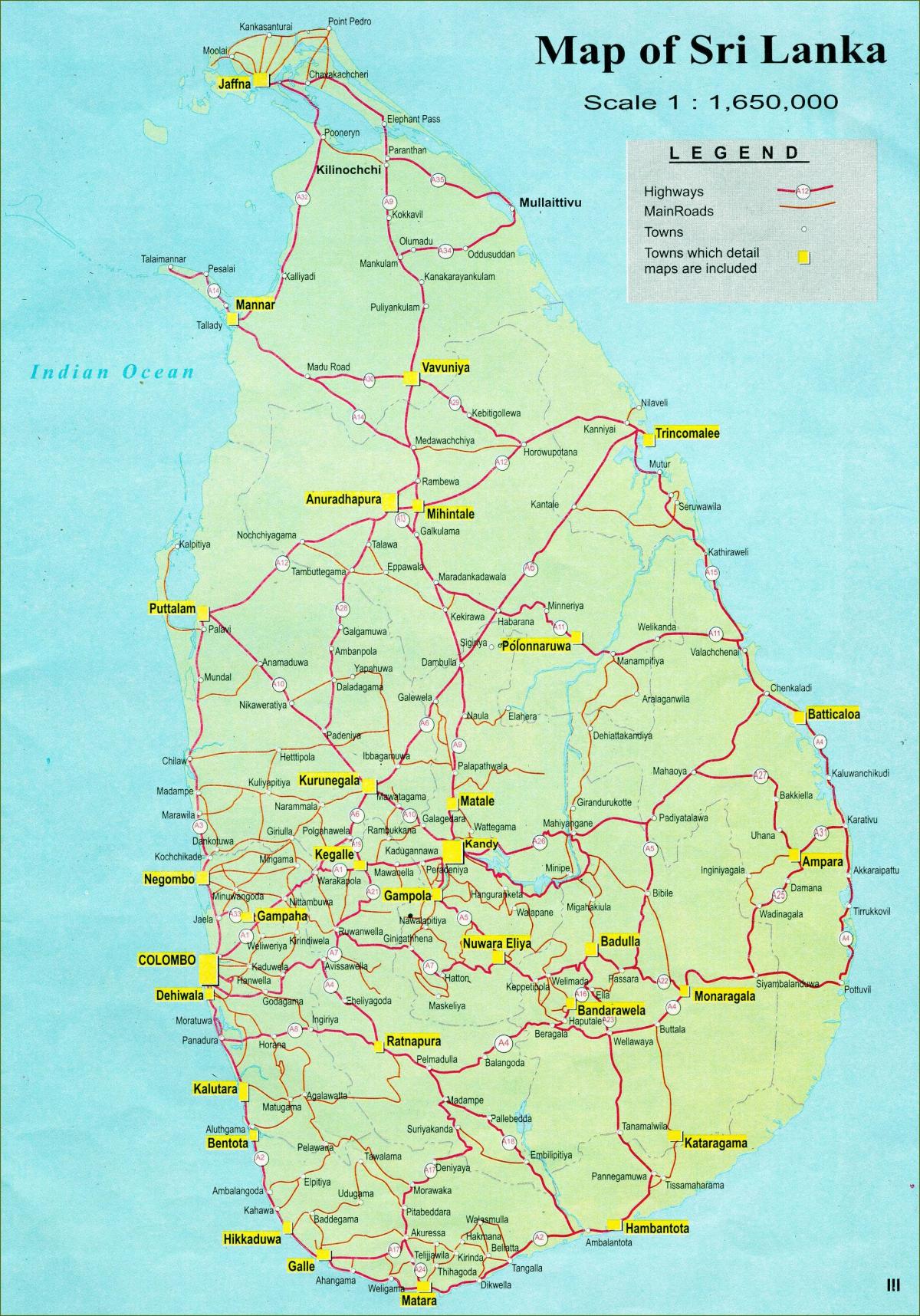 mapa da mapa turístico do Sri Lanka, com uma estrada