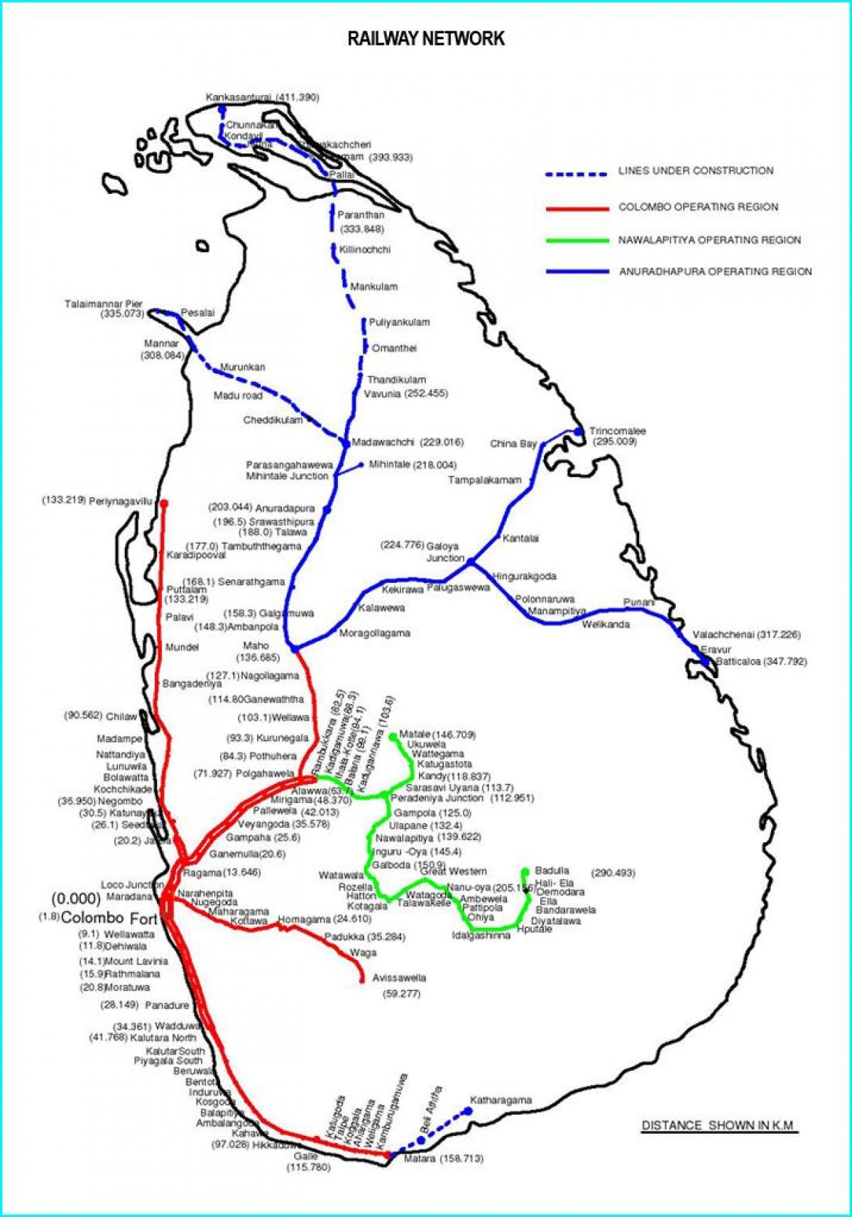 Sri Lanka rede ferroviária mapa