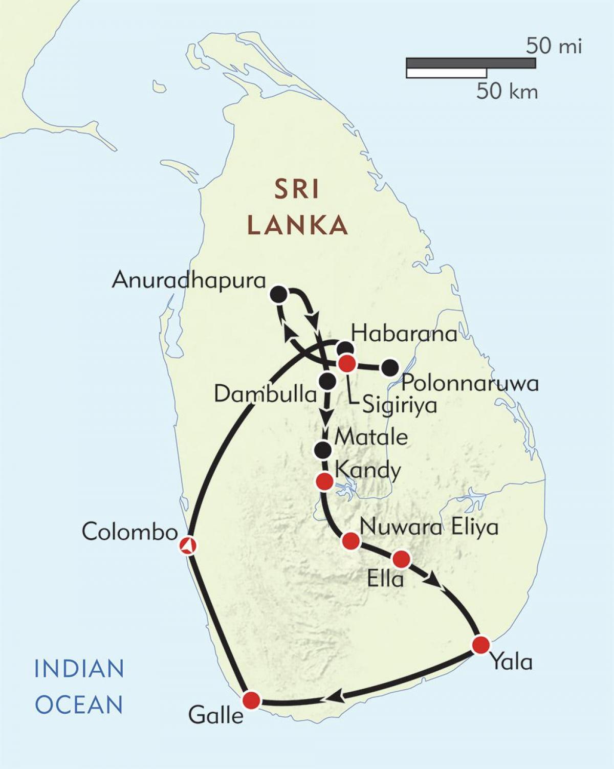 mapa do Sri Lanka itinerário