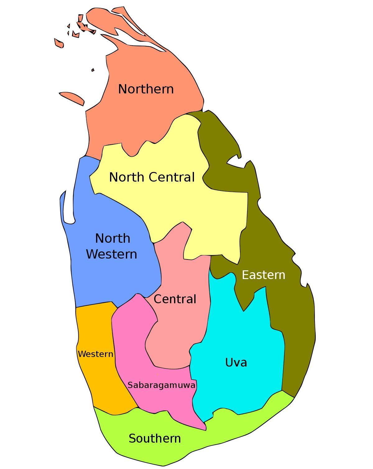 Sri Lanka mapa de províncias, distritos