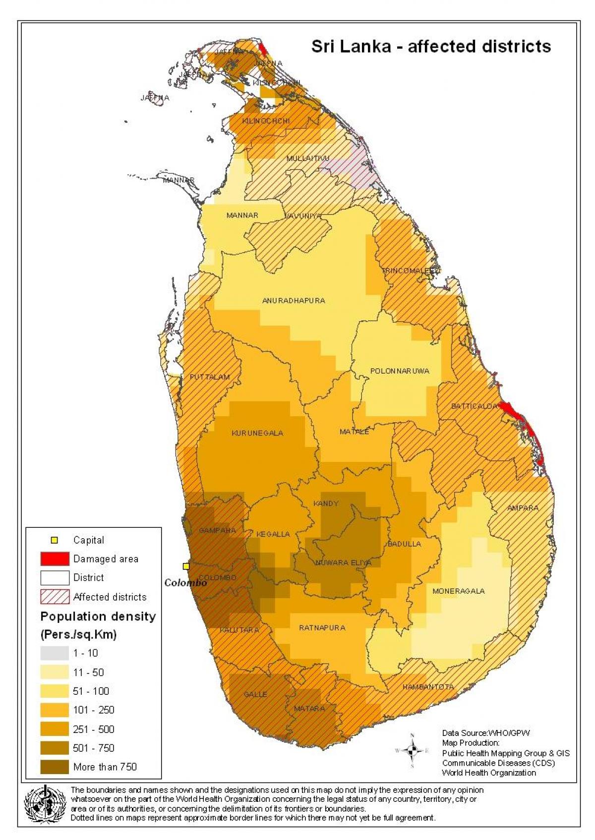 mapa de Sri Lankan a densidade populacional