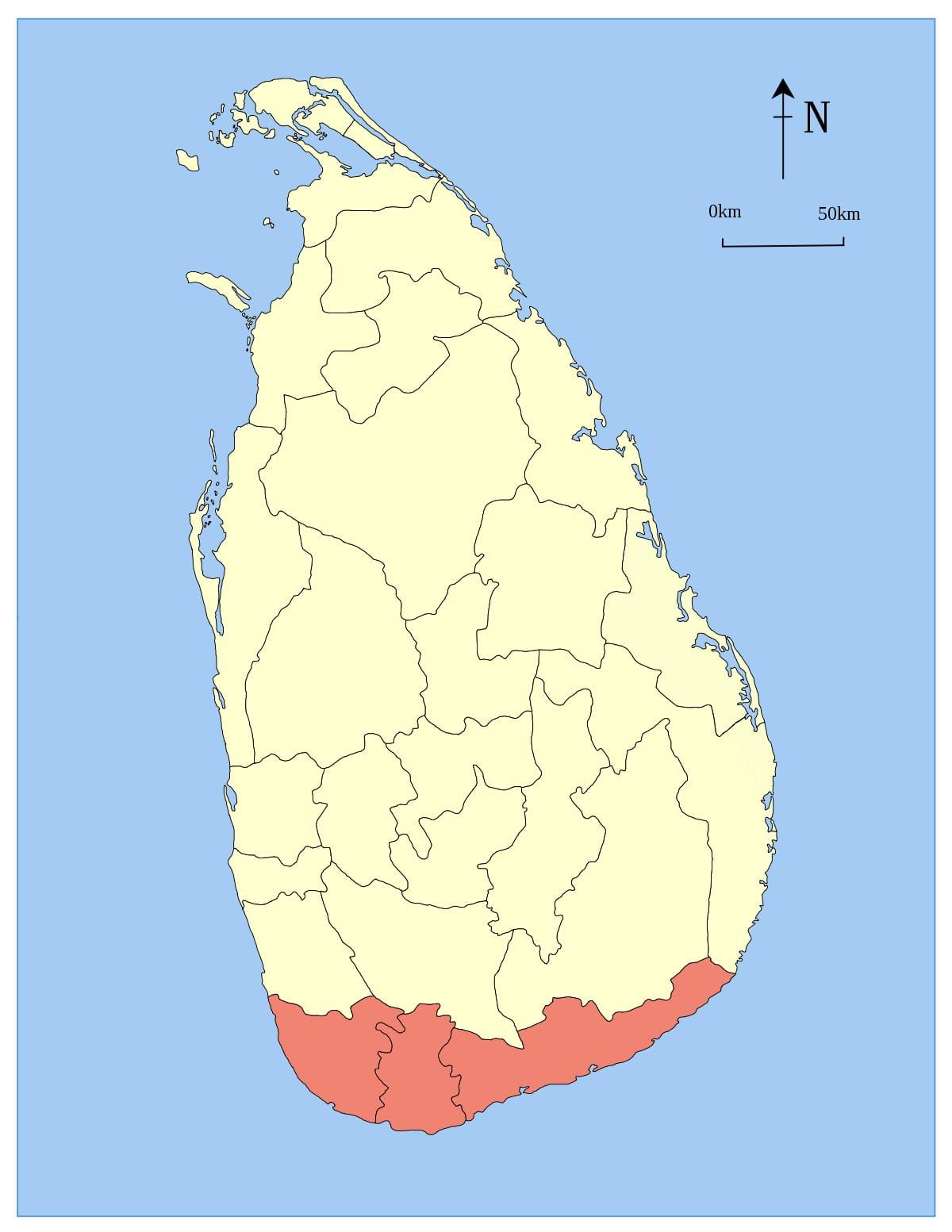 mapa do Sri Lanka e sul da província