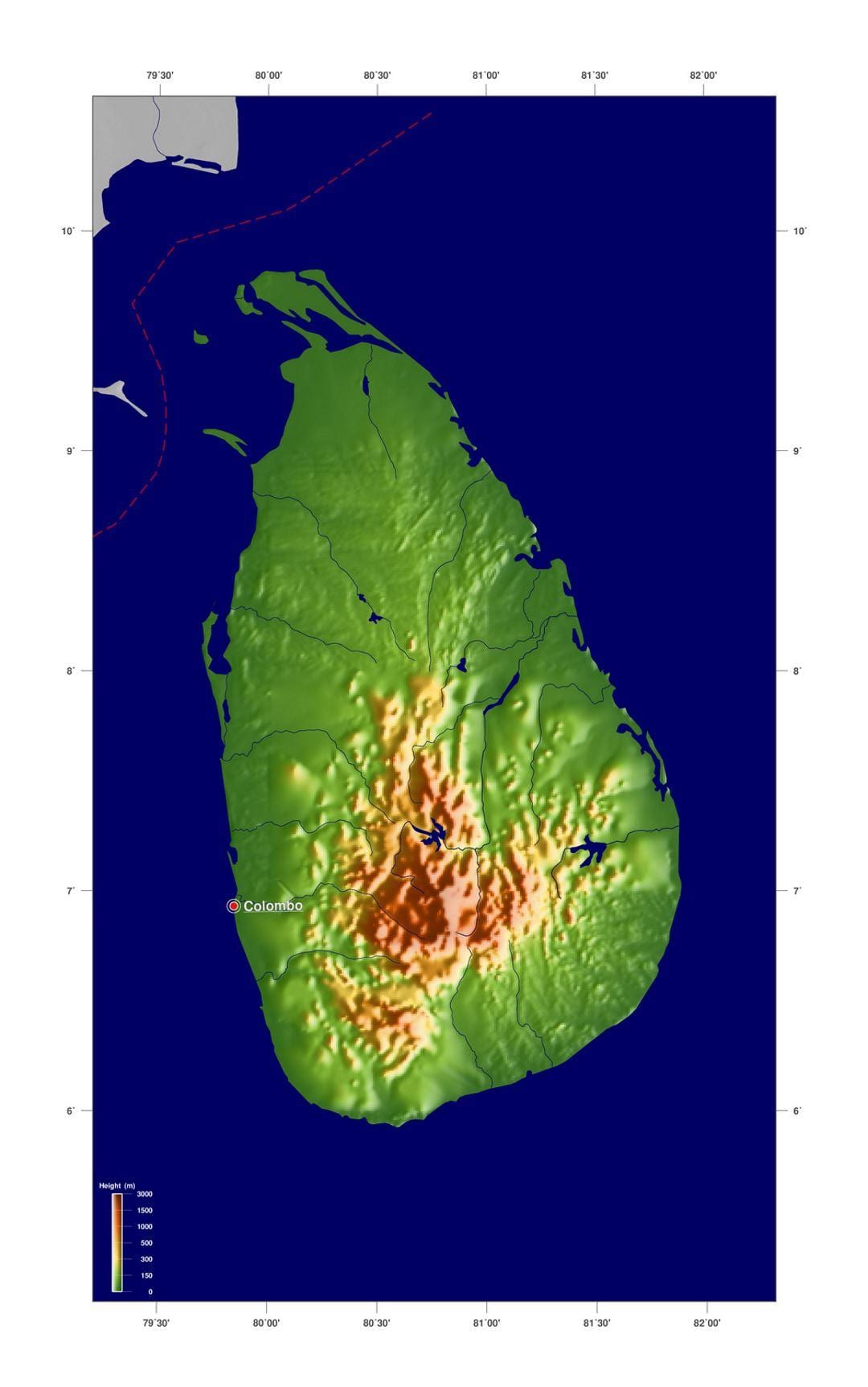 mapa do Sri Lanka elevação