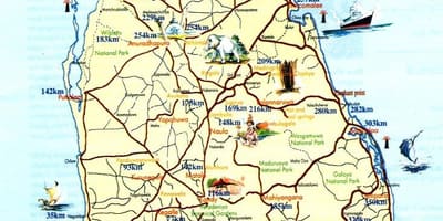 Mapa turístico do Sri Lanka, com cidades