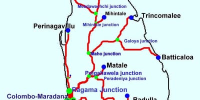 Mapa do Sri Lanka, linhas de trem
